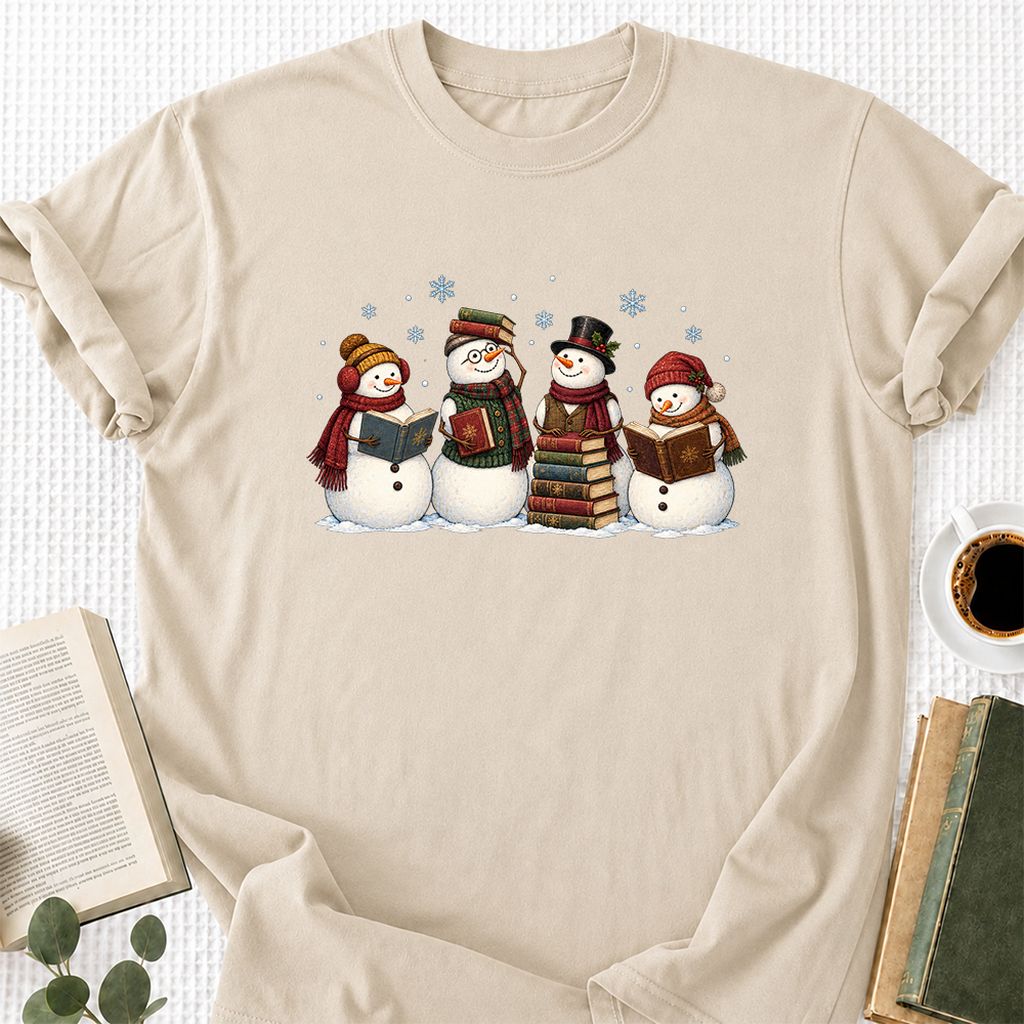 Four Snowmen Reading Printed T-Shirt | Christmas Book Lover Gift Sand