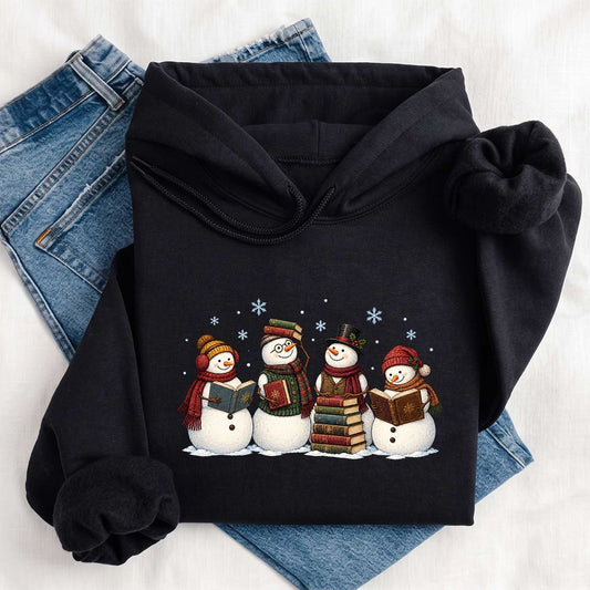 Four Snowmen Reading Softstyle Hoodie | Christmas Book Lover Gift Black