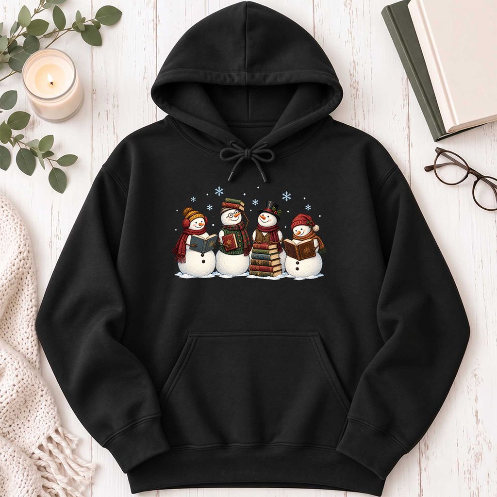 Four Snowmen Reading Softstyle Hoodie | Christmas Book Lover Gift Black