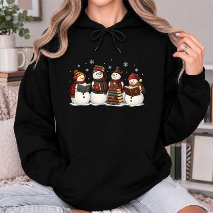 Four Snowmen Reading Softstyle Hoodie | Christmas Book Lover Gift Black