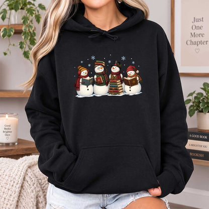 Four Snowmen Reading Softstyle Hoodie | Christmas Book Lover Gift Black