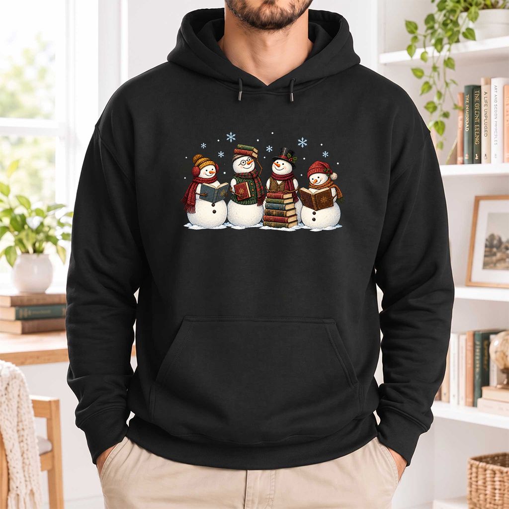 Four Snowmen Reading Softstyle Hoodie | Christmas Book Lover Gift Black