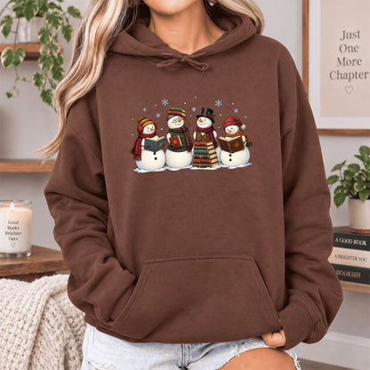 Four Snowmen Reading Softstyle Hoodie | Christmas Book Lover Gift Cocoa