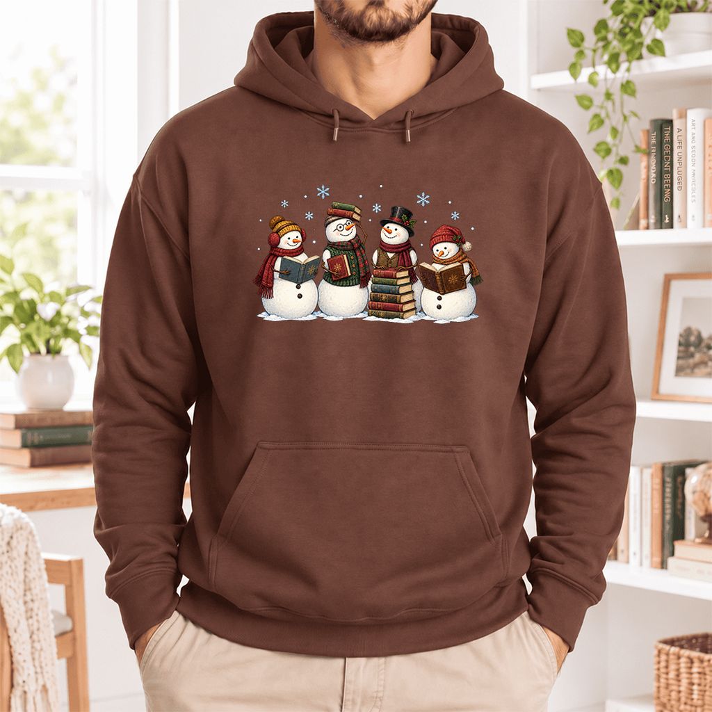 Four Snowmen Reading Softstyle Hoodie | Christmas Book Lover Gift Cocoa