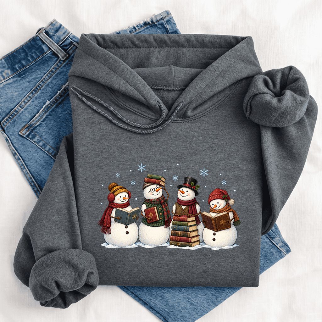 Four Snowmen Reading Softstyle Hoodie | Christmas Book Lover Gift Dark Heather