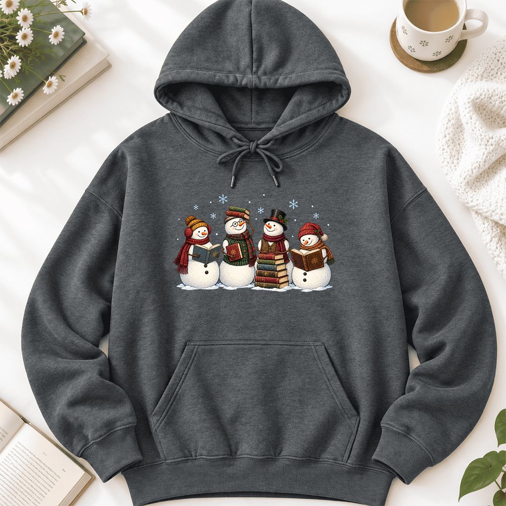 Four Snowmen Reading Softstyle Hoodie | Christmas Book Lover Gift Dark Heather