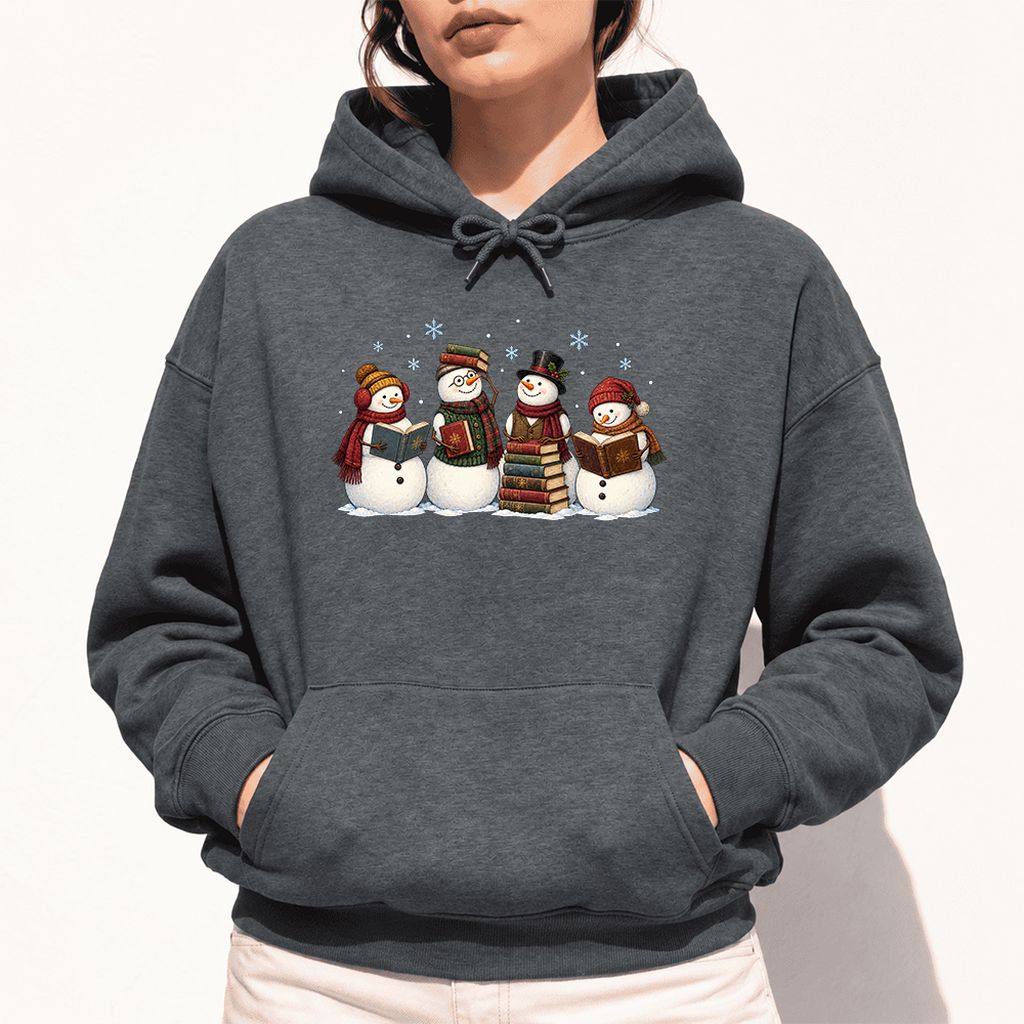 Four Snowmen Reading Softstyle Hoodie | Christmas Book Lover Gift Dark Heather