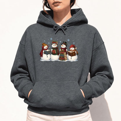 Four Snowmen Reading Softstyle Hoodie | Christmas Book Lover Gift Dark Heather