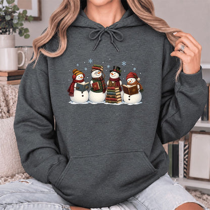 Four Snowmen Reading Softstyle Hoodie | Christmas Book Lover Gift Dark Heather
