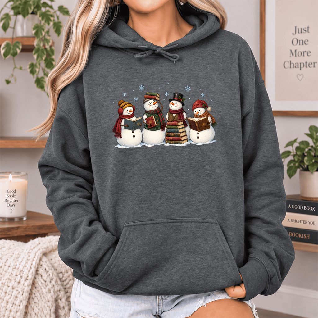 Four Snowmen Reading Softstyle Hoodie | Christmas Book Lover Gift Dark Heather