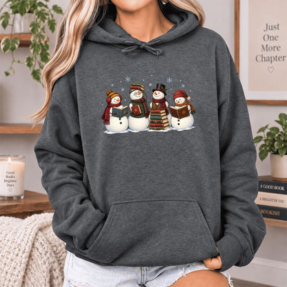Four Snowmen Reading Softstyle Hoodie | Christmas Book Lover Gift Dark Heather
