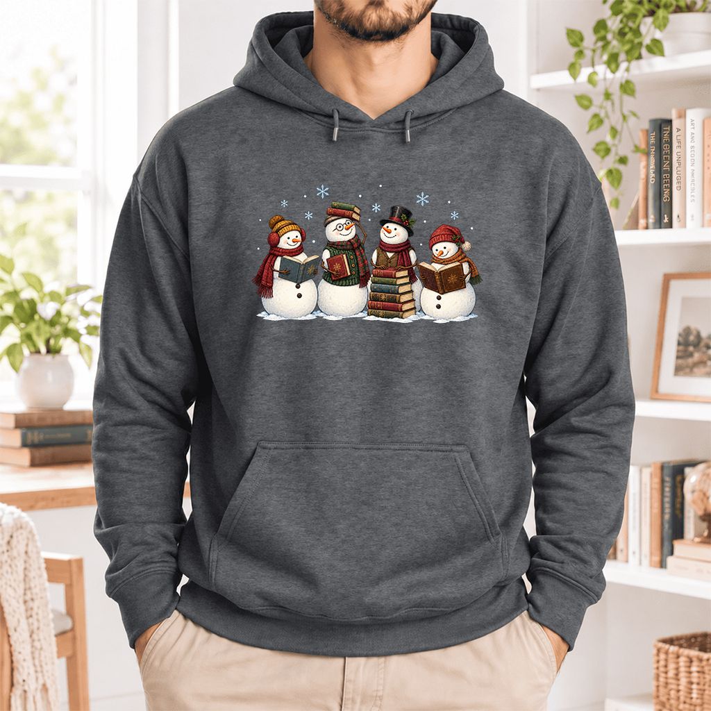 Four Snowmen Reading Softstyle Hoodie | Christmas Book Lover Gift Dark Heather