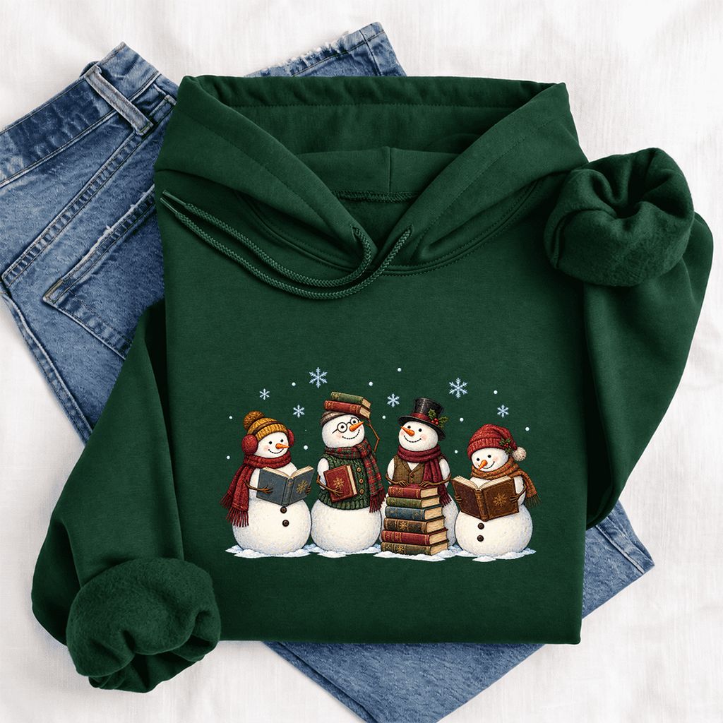 Four Snowmen Reading Softstyle Hoodie | Christmas Book Lover Gift Forest Green
