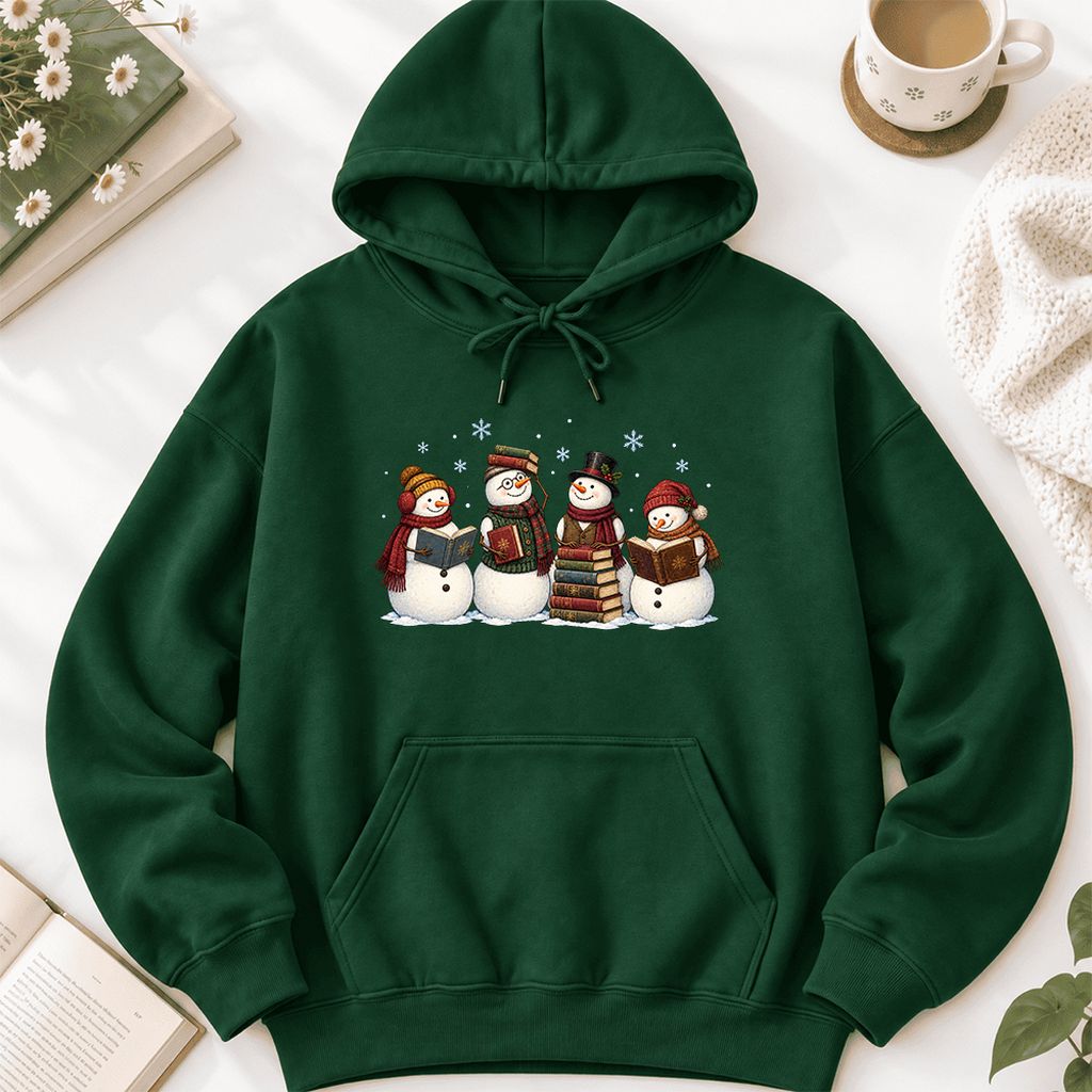 Four Snowmen Reading Softstyle Hoodie | Christmas Book Lover Gift Forest Green
