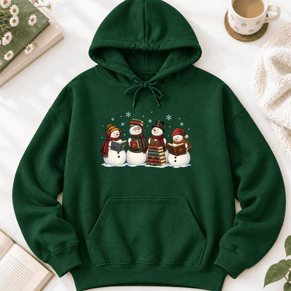 Four Snowmen Reading Softstyle Hoodie | Christmas Book Lover Gift Forest Green