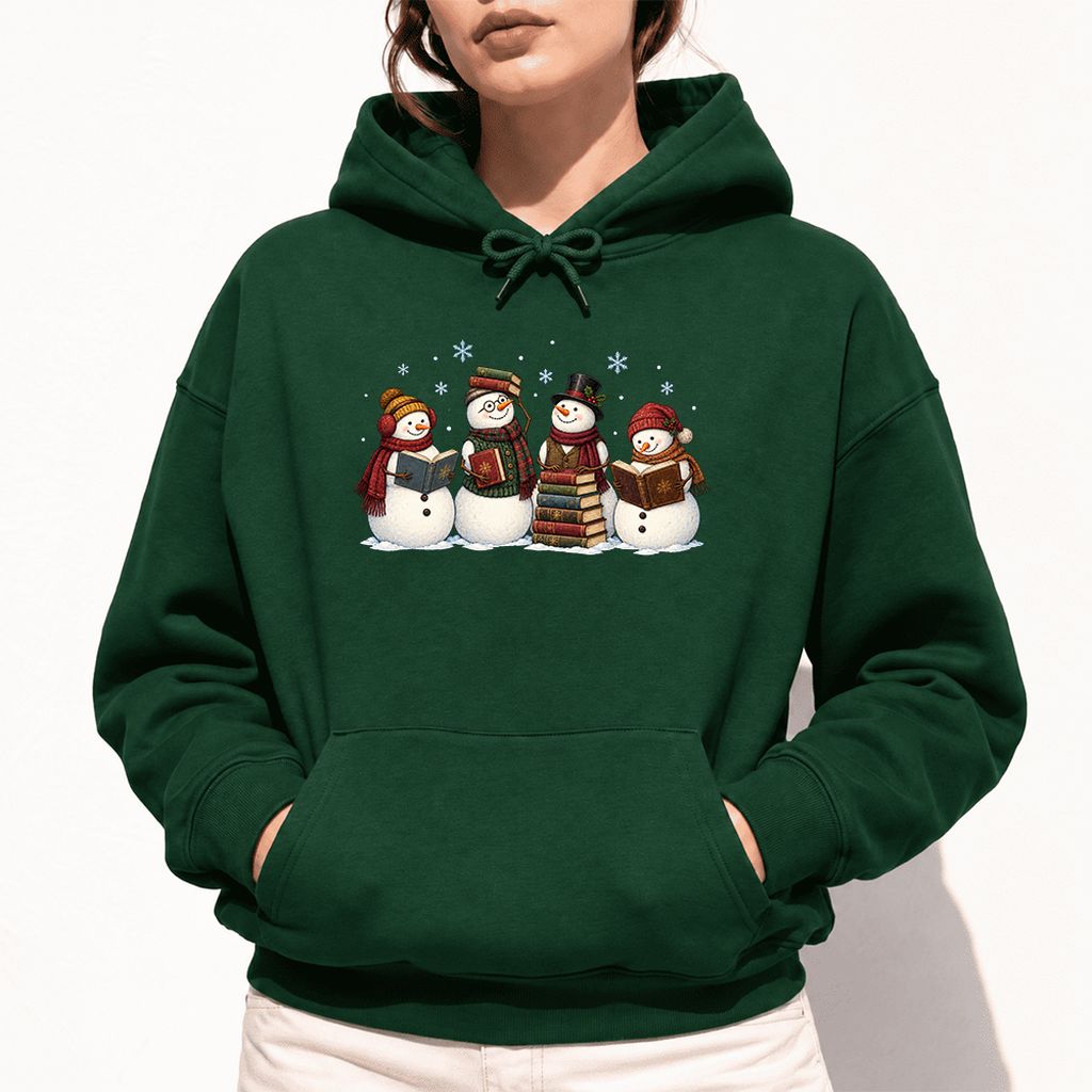 Four Snowmen Reading Softstyle Hoodie | Christmas Book Lover Gift Forest Green