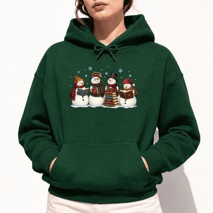 Four Snowmen Reading Softstyle Hoodie | Christmas Book Lover Gift Forest Green