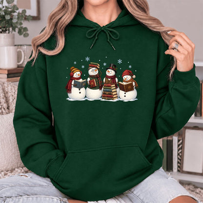 Four Snowmen Reading Softstyle Hoodie | Christmas Book Lover Gift Forest Green
