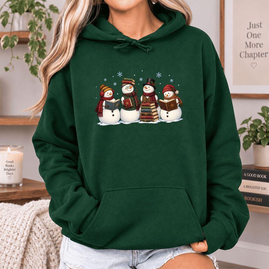 Four Snowmen Reading Softstyle Hoodie | Christmas Book Lover Gift Forest Green