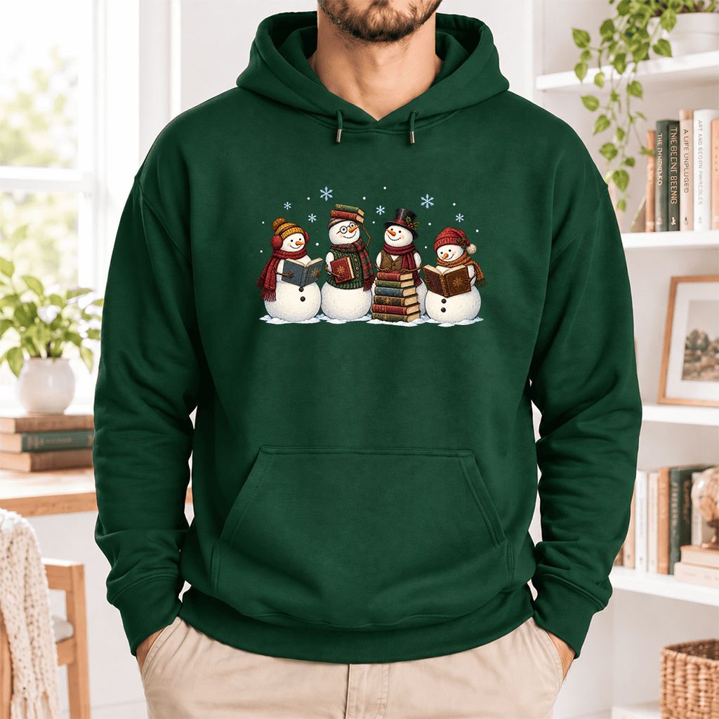 Four Snowmen Reading Softstyle Hoodie | Christmas Book Lover Gift Forest Green