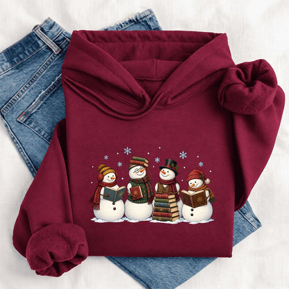 Four Snowmen Reading Softstyle Hoodie | Christmas Book Lover Gift Maroon