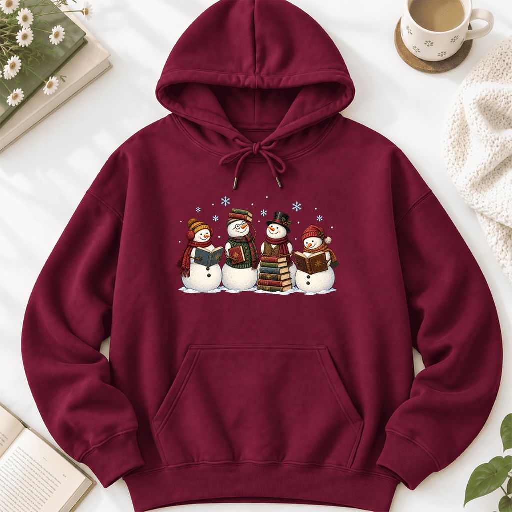 Four Snowmen Reading Softstyle Hoodie | Christmas Book Lover Gift Maroon