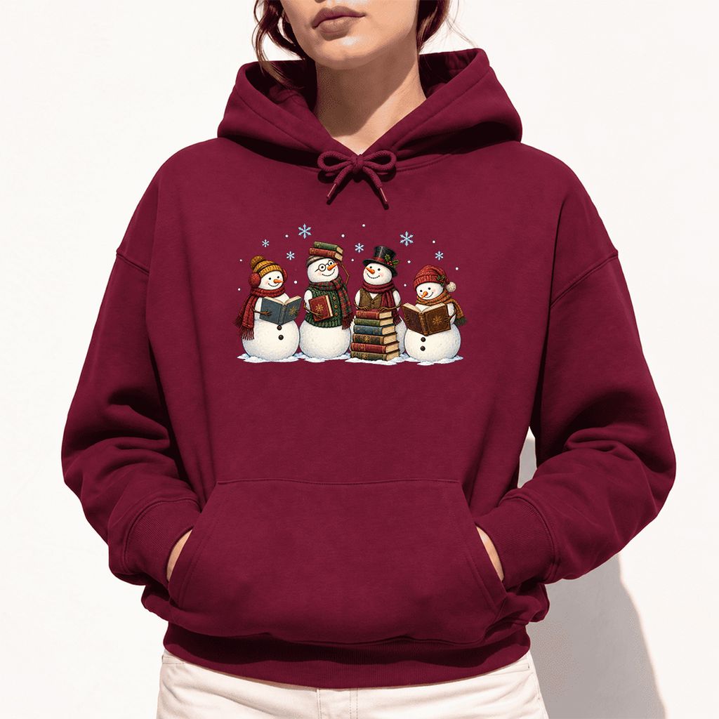 Four Snowmen Reading Softstyle Hoodie | Christmas Book Lover Gift Maroon