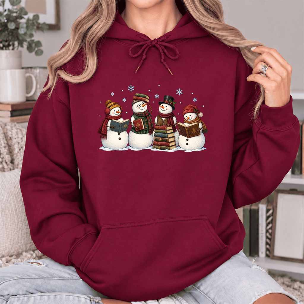 Four Snowmen Reading Softstyle Hoodie | Christmas Book Lover Gift Maroon