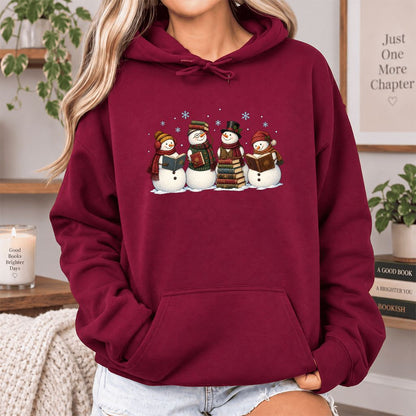 Four Snowmen Reading Softstyle Hoodie | Christmas Book Lover Gift Maroon
