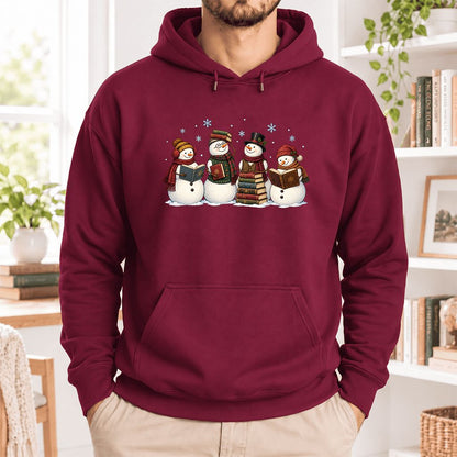 Four Snowmen Reading Softstyle Hoodie | Christmas Book Lover Gift Maroon