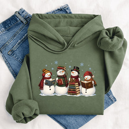 Four Snowmen Reading Softstyle Hoodie | Christmas Book Lover Gift Military Green