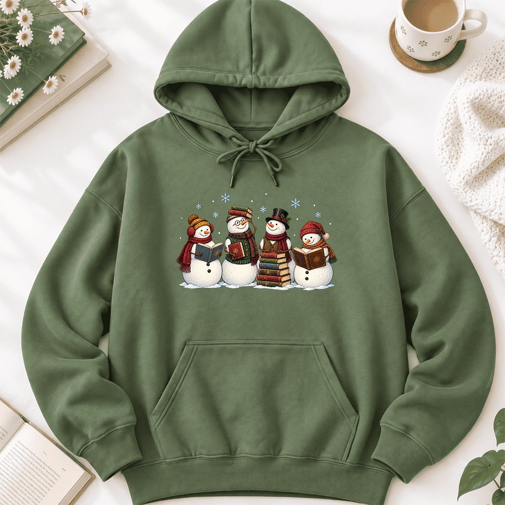 Four Snowmen Reading Softstyle Hoodie | Christmas Book Lover Gift Military Green