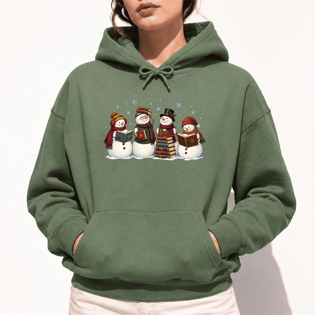 Four Snowmen Reading Softstyle Hoodie | Christmas Book Lover Gift Military Green