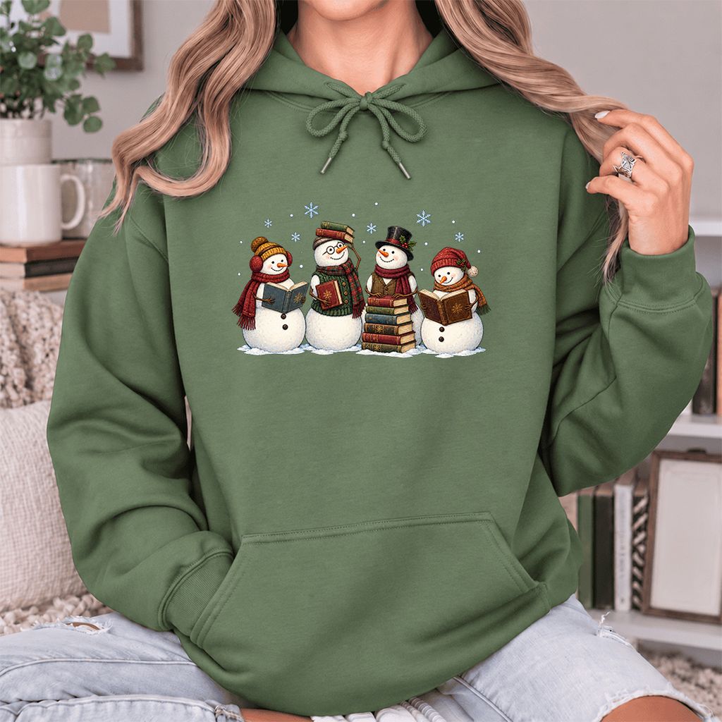 Four Snowmen Reading Softstyle Hoodie | Christmas Book Lover Gift Military Green