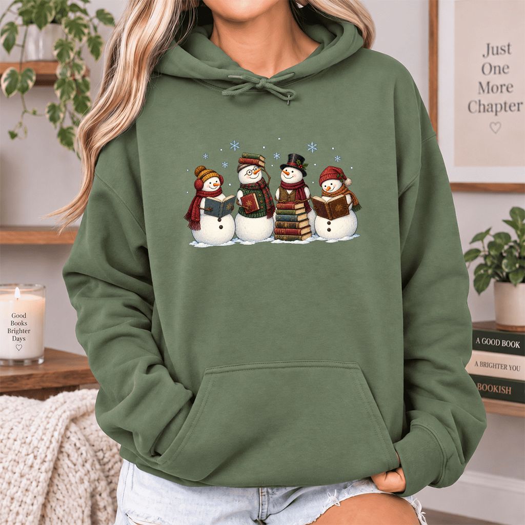 Four Snowmen Reading Softstyle Hoodie | Christmas Book Lover Gift Military Green