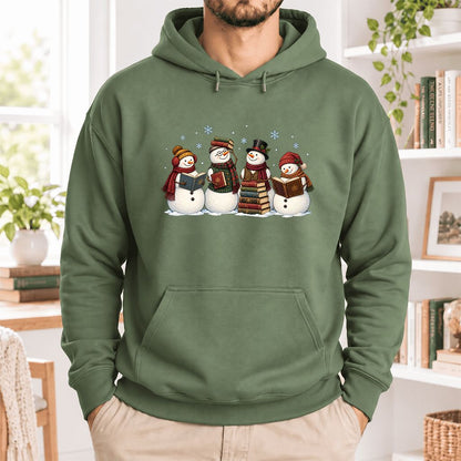 Four Snowmen Reading Softstyle Hoodie | Christmas Book Lover Gift Military Green