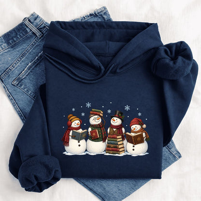 Four Snowmen Reading Softstyle Hoodie | Christmas Book Lover Gift Navy