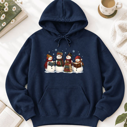 Four Snowmen Reading Softstyle Hoodie | Christmas Book Lover Gift Navy