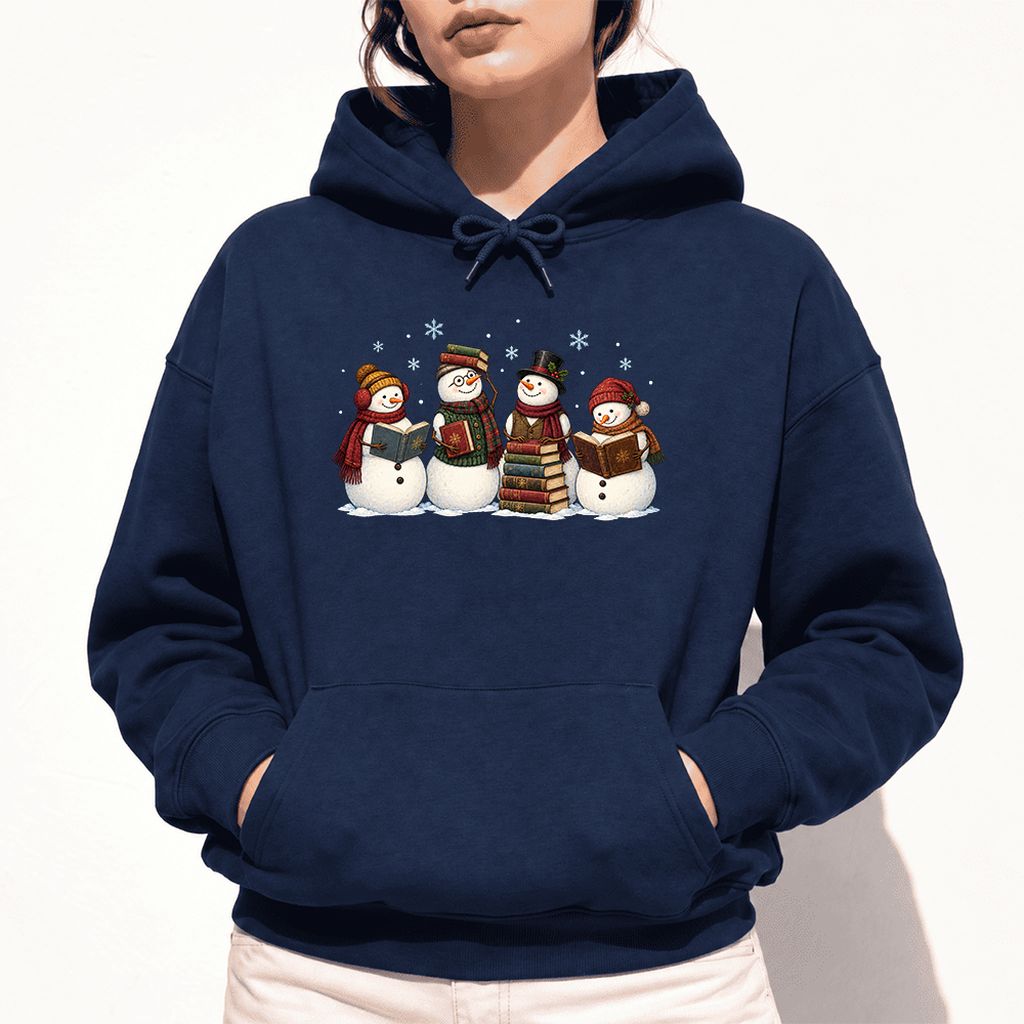 Four Snowmen Reading Softstyle Hoodie | Christmas Book Lover Gift Navy