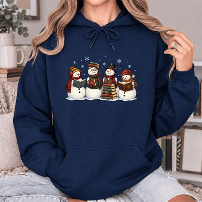 Four Snowmen Reading Softstyle Hoodie | Christmas Book Lover Gift Navy