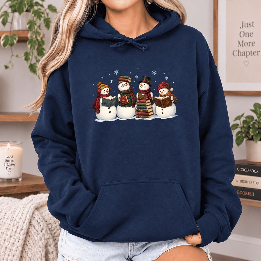 Four Snowmen Reading Softstyle Hoodie | Christmas Book Lover Gift Navy