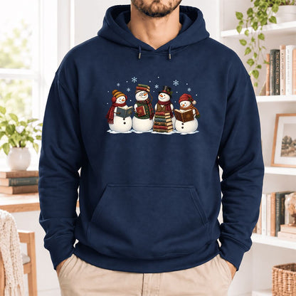 Four Snowmen Reading Softstyle Hoodie | Christmas Book Lover Gift Navy