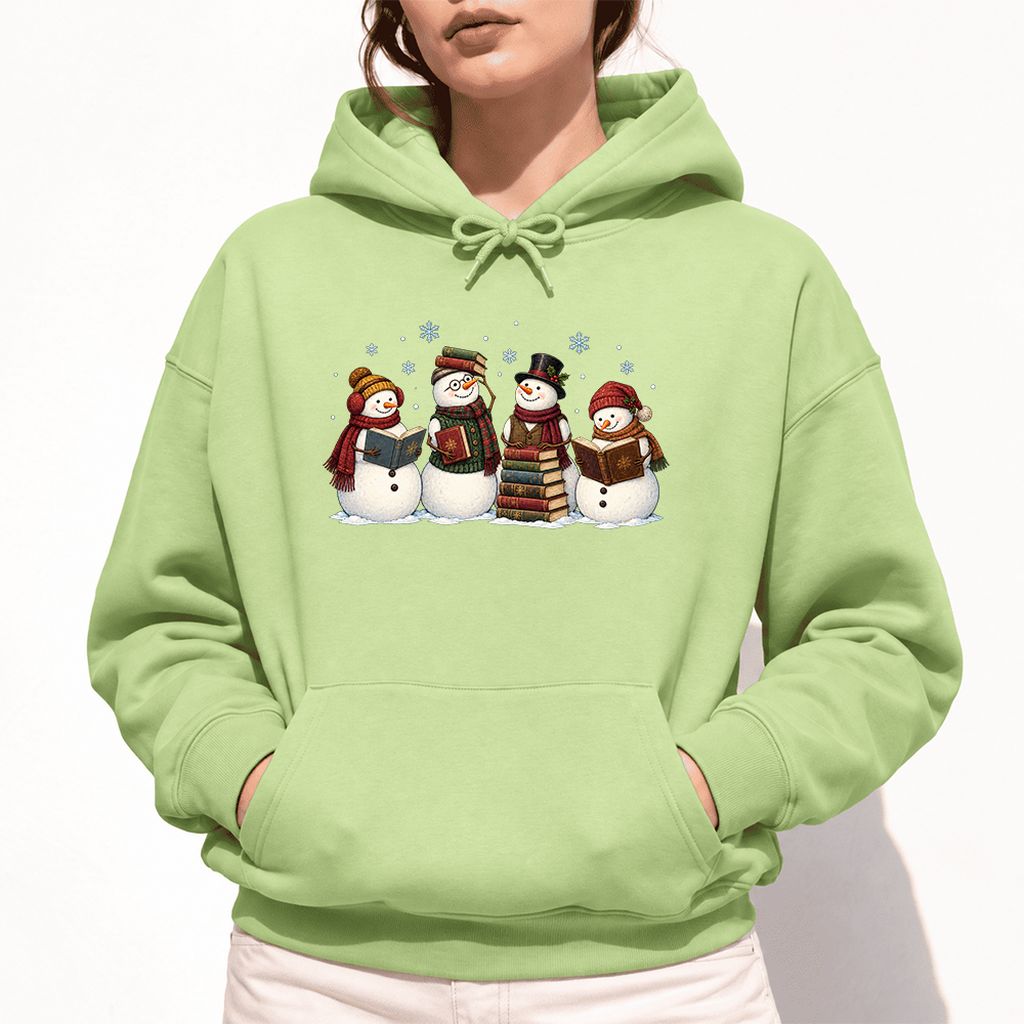 Four Snowmen Reading Softstyle Hoodie | Christmas Book Lover Gift Pistachio
