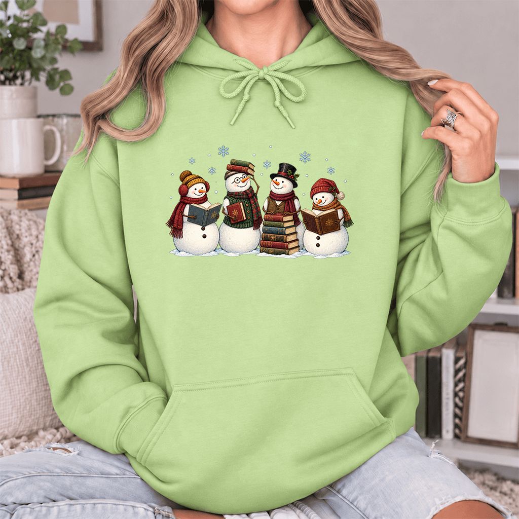 Four Snowmen Reading Softstyle Hoodie | Christmas Book Lover Gift Pistachio