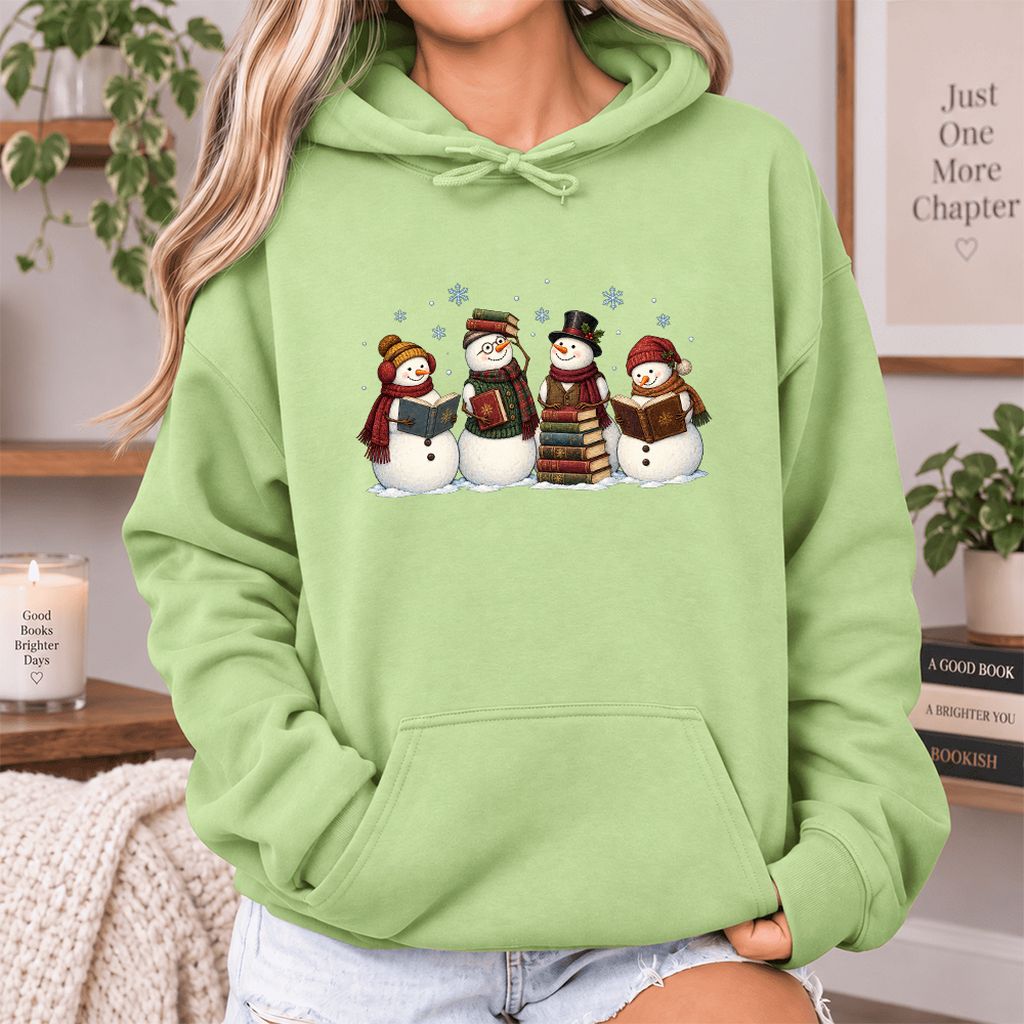 Four Snowmen Reading Softstyle Hoodie | Christmas Book Lover Gift Pistachio