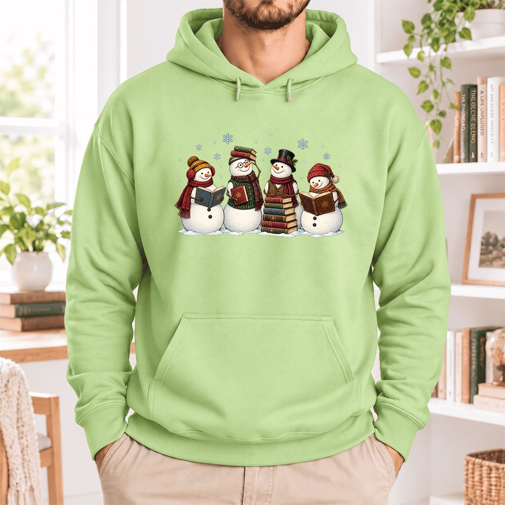 Four Snowmen Reading Softstyle Hoodie | Christmas Book Lover Gift Pistachio