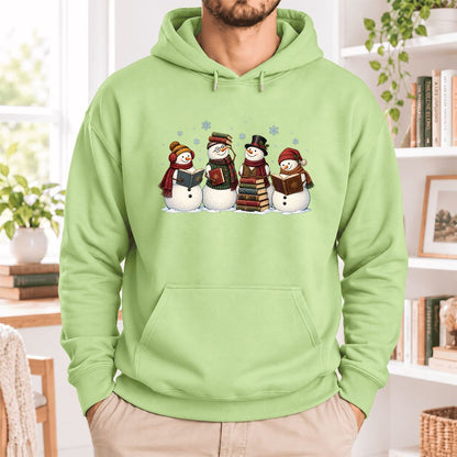 Four Snowmen Reading Softstyle Hoodie | Christmas Book Lover Gift Pistachio