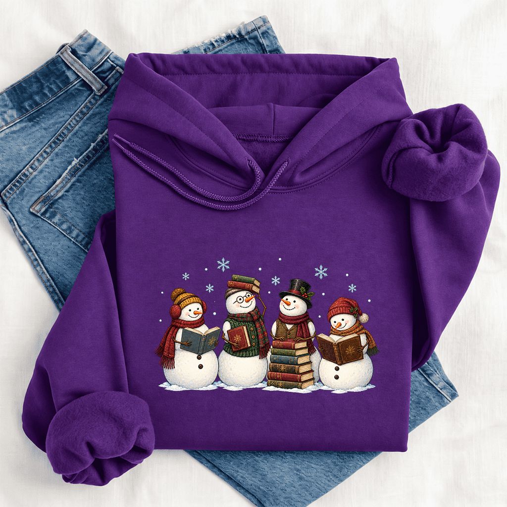 Four Snowmen Reading Softstyle Hoodie | Christmas Book Lover Gift Purple