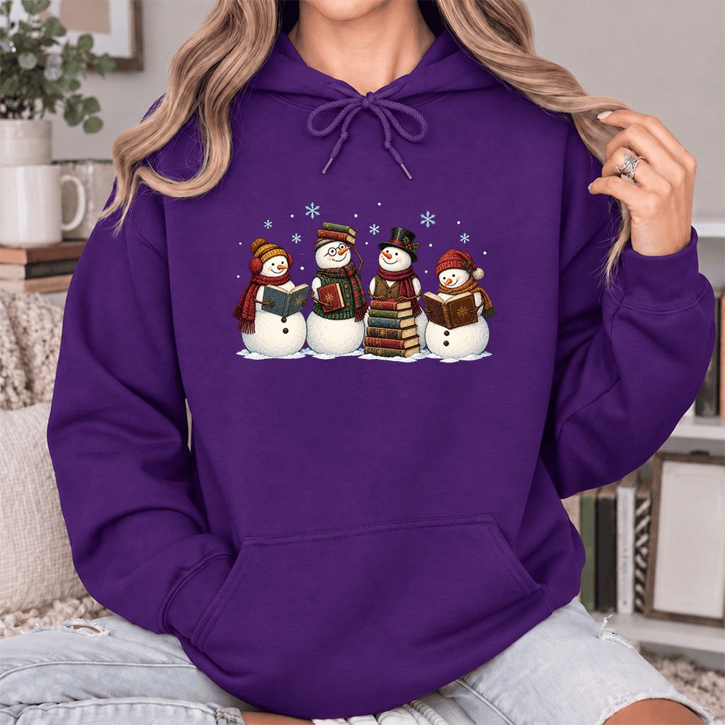 Four Snowmen Reading Softstyle Hoodie | Christmas Book Lover Gift Purple