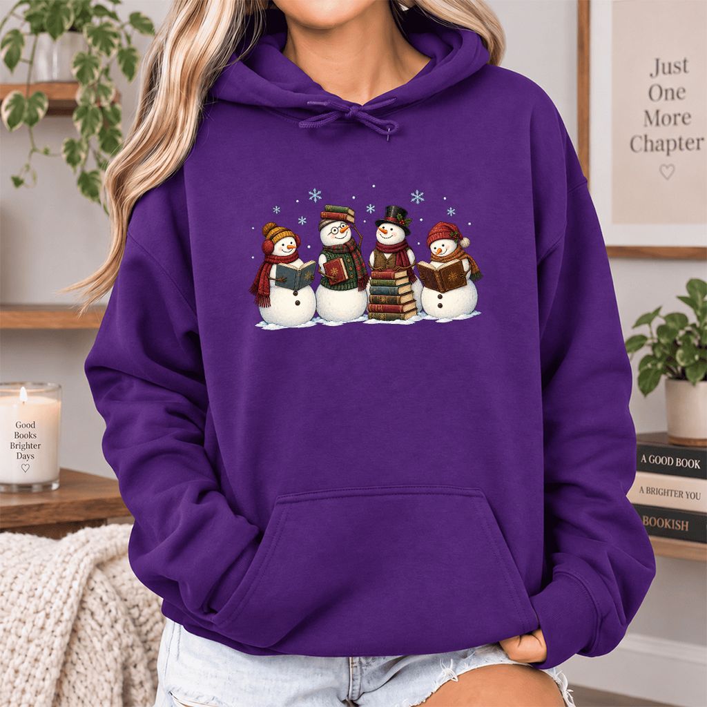 Four Snowmen Reading Softstyle Hoodie | Christmas Book Lover Gift Purple